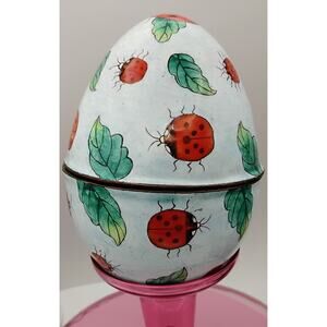 Vintage 5” Ladybug Egg Trinket Box w/ Painted Rock Screw Top Decor